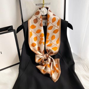 Elegant Mulberry Silk Scarf - Double-Sided, Autumn Leaf Print, Vintage Style Long Ribbon for Women