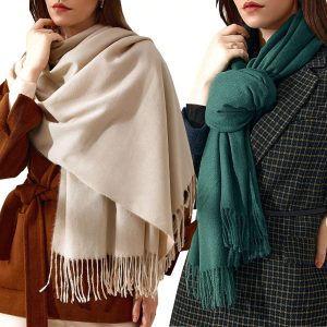 Curve Muse Curve Muse Women's Large Soft Cashmere Feel Winter Warm Solid Color Scarf Dark Green,Cream (2 Pack)