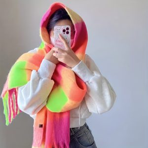 Boho Colorful Grid Tassel Chunky Scarf Thickened Soft Warm Tassel Shawl Autumn Winter Coldproof Windproof Wrapped Neck Scarf