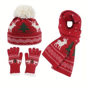 Knitted Hat Scarf Glove Set for Women, Pom Pom Beanie, Warm Gloves, Winter Scarf, Winter Set for Christmas Cold Weather (White, Red)