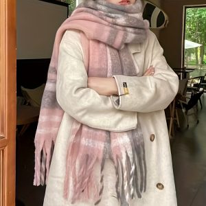 Women's Fashion Scarf with Tassels, 2024 New Arrival, Chic Plaid Design, Polyester & Spandex, Cozy Knit, Machine Washable, Elastic, Warm & Windproof, Ear Protection, for Autumn/Winter Outings