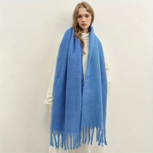 Elegant Solid Blue Thick Warm Scarf for Women - Soft Polyester, Non-Stretch, Hand or Dry Clean Only